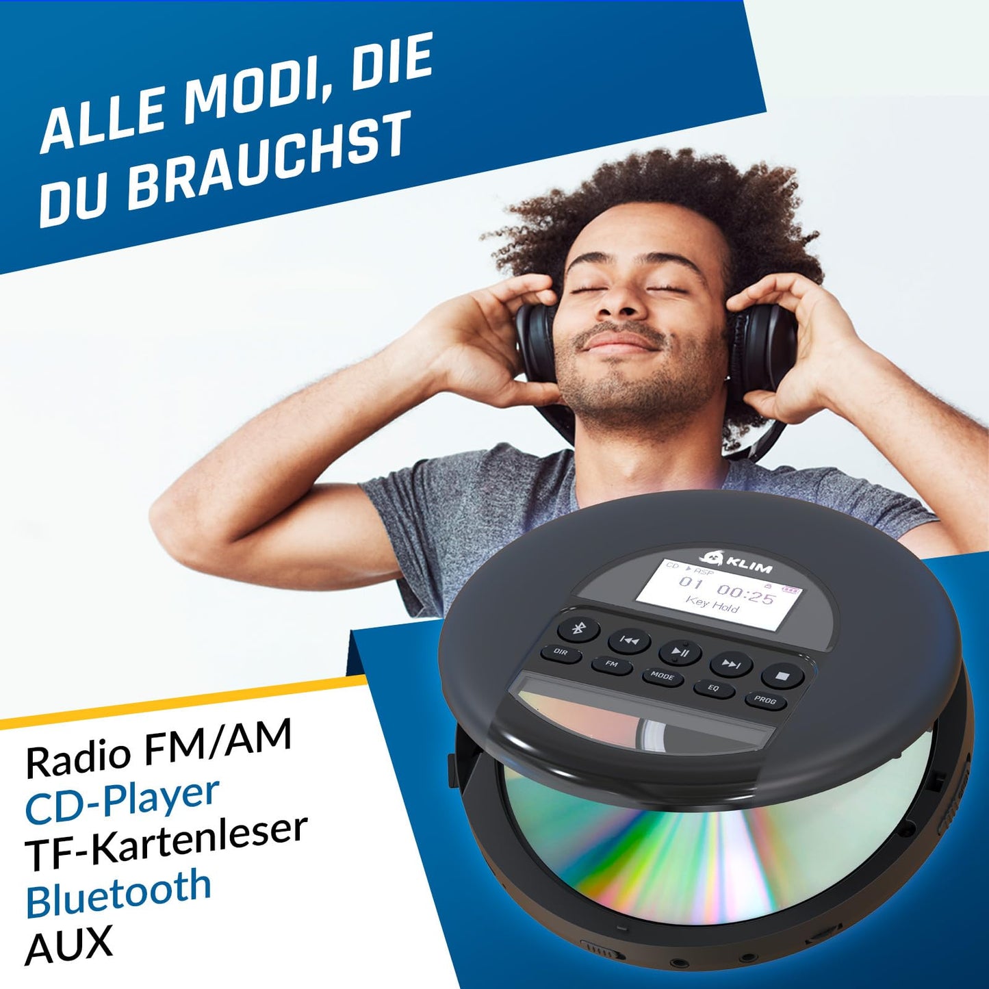 KLIM Nomad CD Player Bluetooth - Portable CD player Discman with long-lasting battery - Includes headphones - CD-R, CD-RW, MP3 - With TF reader, FM radio - Great for cars - Portable CD player Diskman