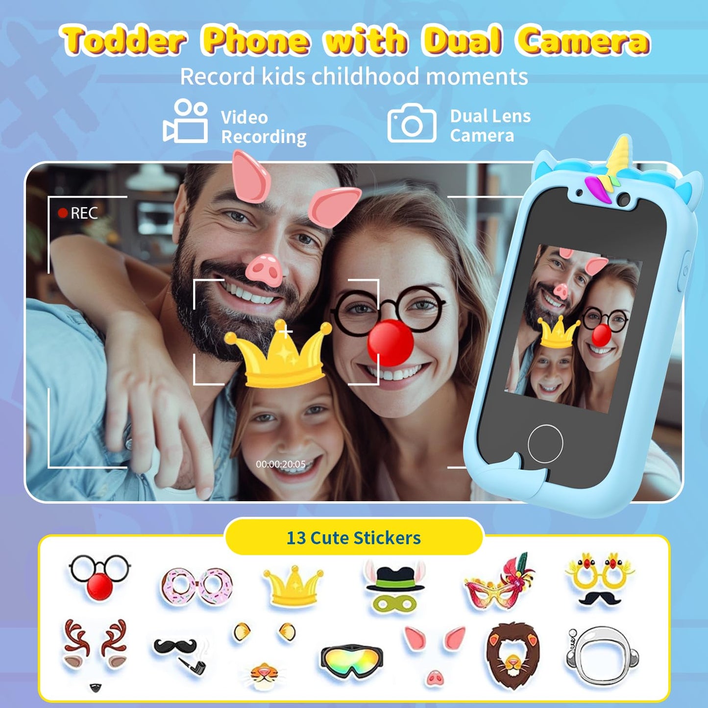 Ashfly 2.4" Unicorn Kids Camera, 1080P HD Dual Camera Children's Toy, Recordable Video, Kids Smartphone Toy with SD Card, Pretend Smartphone for 3-10 Year Old Girls and Boys.
