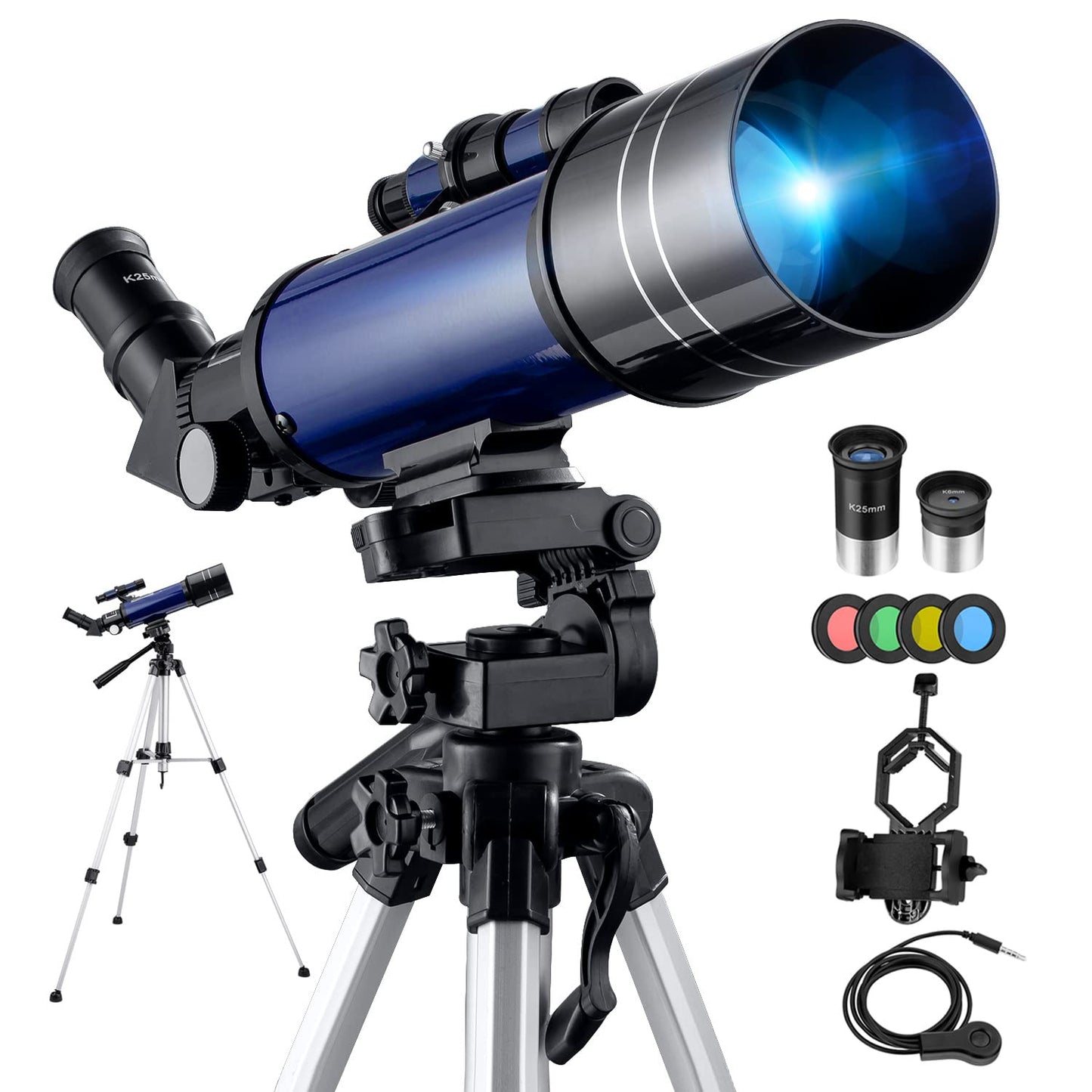 Astronomical telescope with tripod, Pro 400/70 FMC optical refractor glass telescopes. Telescope for children and adult beginners. Portable full kit.