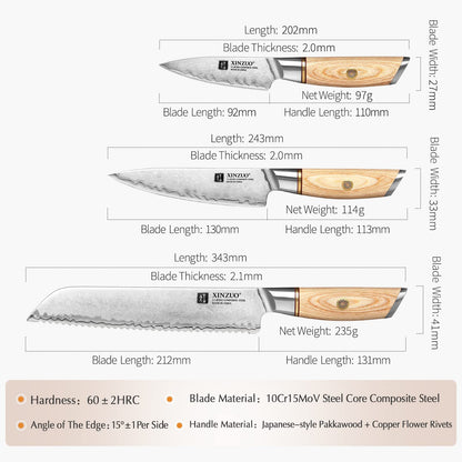 XINZUO 5-piece kitchen knife set made of composite steel, chef's knife set with 3 layers of composite steel 10Cr15CoMoV steel core, professional sharp Japanese knife set with Pakkawood handle.