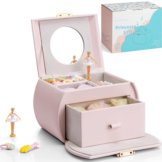 Vlando music box jewelry box for girls with drawers, girl gifts 7 8 years, jewelry storage for kids, ballerina leather jewelry box with canon melody, lockable.