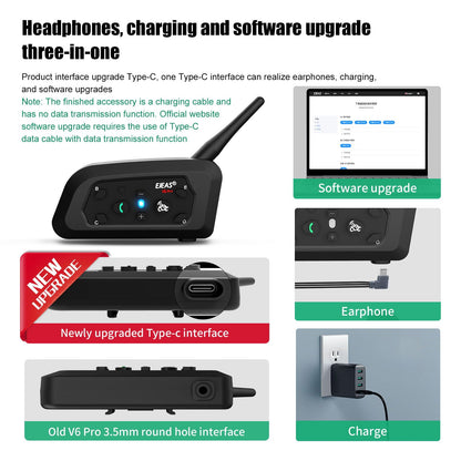 EJEAS VNETPHONE V6 Motorcycle Intercom Bluetooth Headsets 1200m up to 6 Riders DSP Noise Reduction, Waterproof, Communication System for Motorcycles, 2 Pieces.