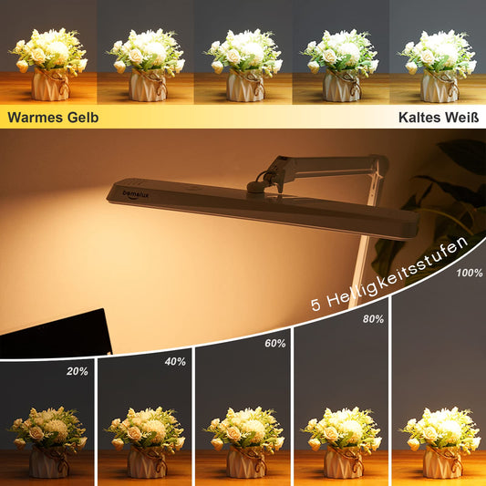 bemelux Rotatable LED desk lamp with clamp, 24W, 2000 lumens, 56cm ultra-wide lampshade, 234 SMD LEDs, 5 brightness levels, 5 adjustable color temperatures (White)
