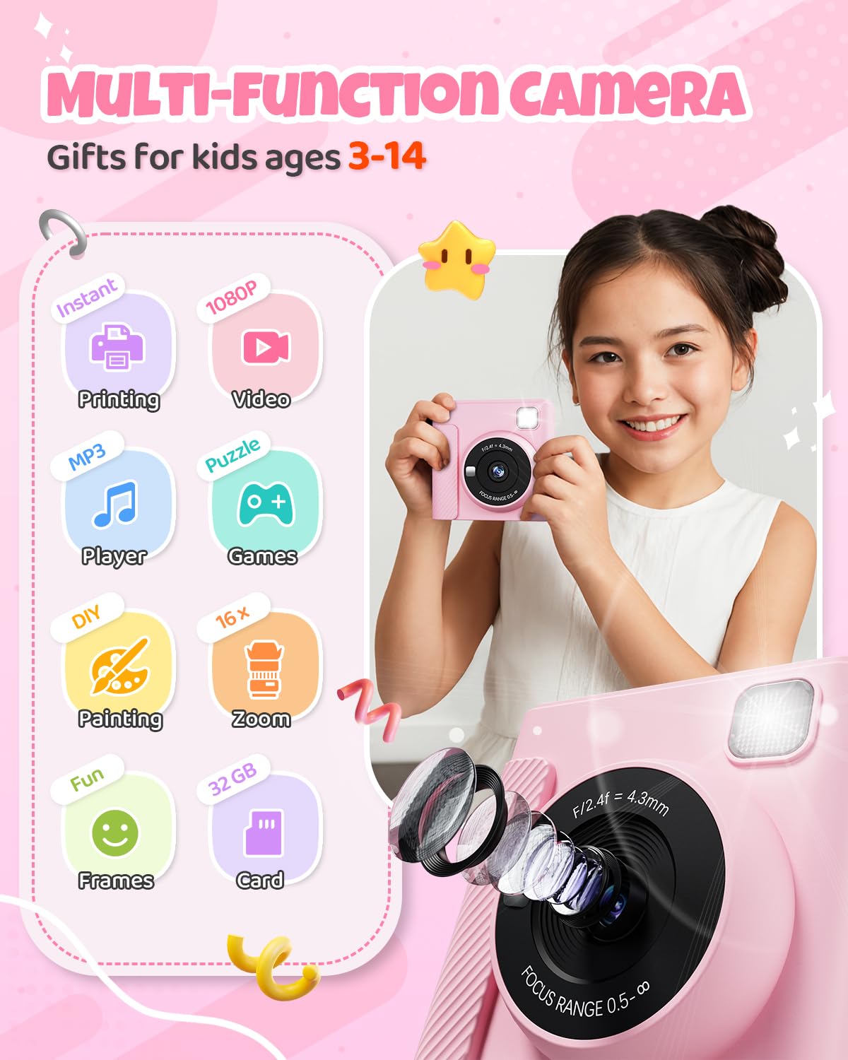 TIATUA Kids Camera Instant Camera, 2.4 Inch Instant Camera for Kids with 32G Card and Photo Paper Printing, 1080P HD Digital Camera for Kids, Gifts for Boys and Girls 3-12 Years (Pink)