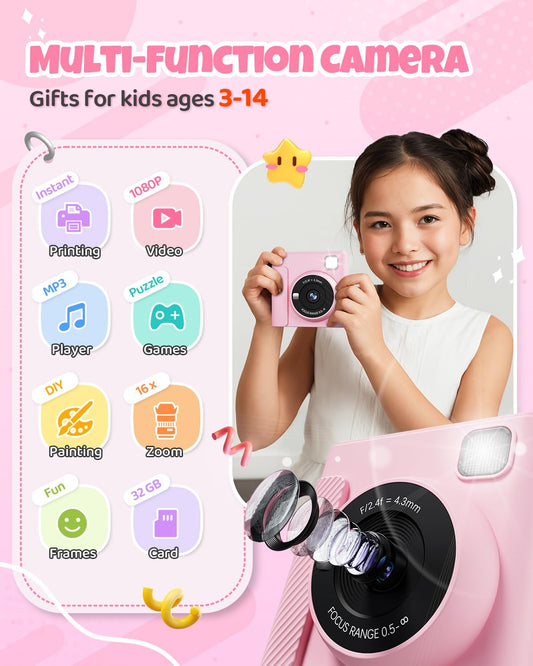 TIATUA Kids Camera Instant Camera, 2.4 Inch Instant Camera for Kids with 32G Card and Photo Paper Printing, 1080P HD Digital Camera for Kids, Gifts for Boys and Girls 3-12 Years (Pink)