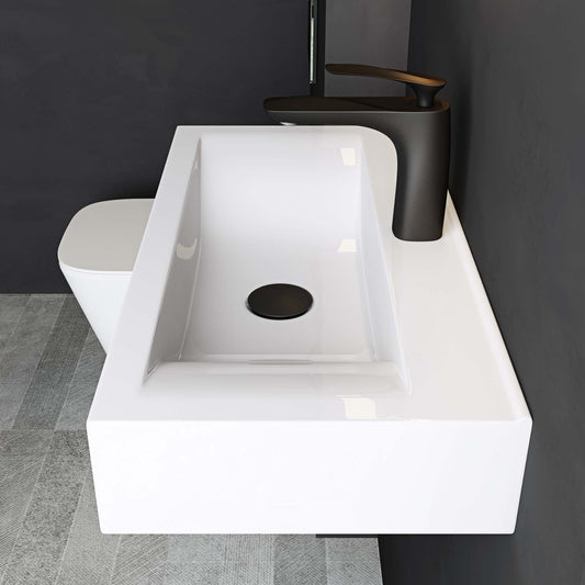 May & May Ceramic White Wall-Mounted washbasin sink with nano-coating/lotus effect. Rectangular dimensions: 61x31x10cm, weight: 118g.