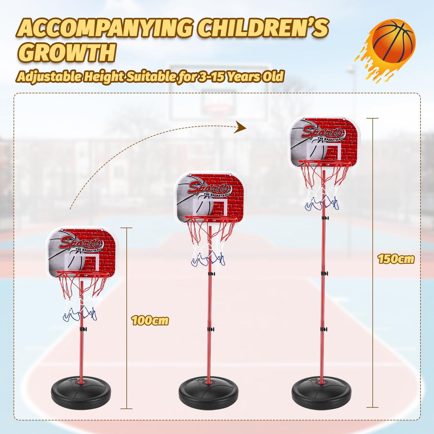 vvhippo Kids Basketball Hoop, Outdoor Basketball Hoop with 2 Basketballs and a pump, Adjustable Height Basketball Hoop, for children aged 3 to 8, for indoor and outdoor basketball hoops