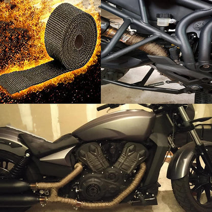 Arespark heat shield tape 15M, exhaust heat shield tape made of basalt fiber, golden exhaust tape with 12 stainless steel cable ties, for motorcycle and car exhaust headers.