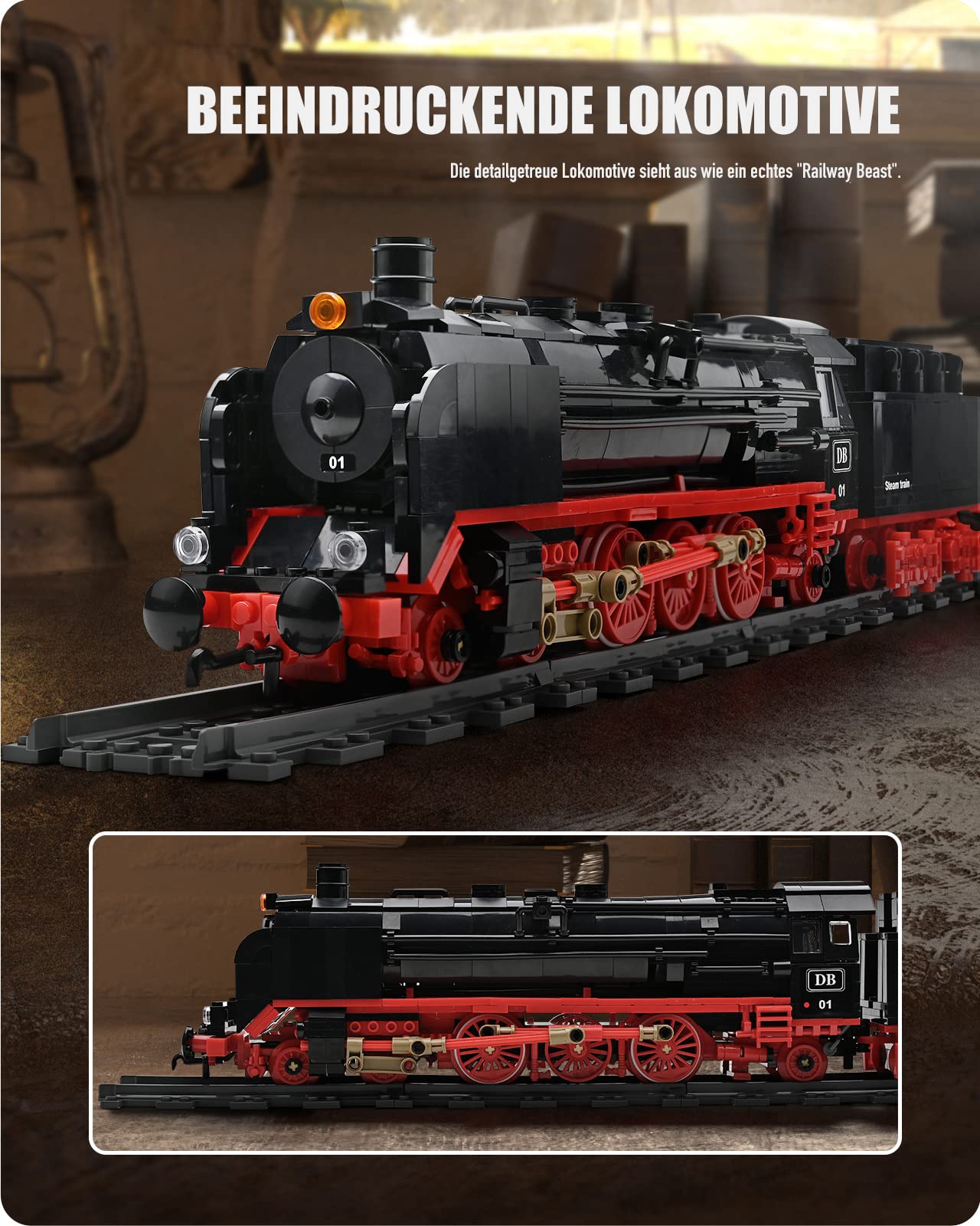 Nifeliz BR01 Retro Steam Locomotive Express Train Model Building Blocks with Tracks, Locomotive Set Train Construction Toy, Gift for Adults and Boys (1173 pieces)