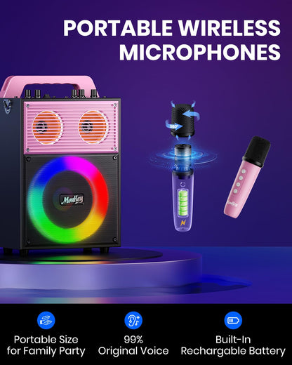 Moukey Karaoke Machine for adults and kids, portable PA system, Bluetooth party speaker with 2 wireless microphones and disco light, TWS/AUX/USB/TF/FM, Echo/Treble/Bass adjustment - MPS4 Pink