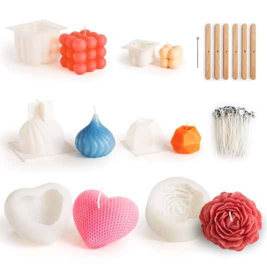 Roundwork® 6x candle molds for pouring - Candle Making Kit - perfect for wax or soap - DIY for pouring yourself - Premium heart and rose shape - Bubble candle - Silicone molds