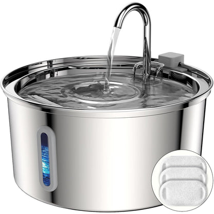 TOMXCUTE Cat Fountain Stainless Steel with Window, 3.2L Water Tap Drinking Fountain for Cats Terriers, Cat Drinking Fountain Dishwasher Safe, Quiet Pump, Double Filter Hygienic