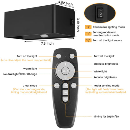 Wireless battery wall light with motion sensor, USB-C rechargeable battery wall lamp with timing function, 6W LED dimmable wall light with remote control, indoor wall lighting with switch, black.