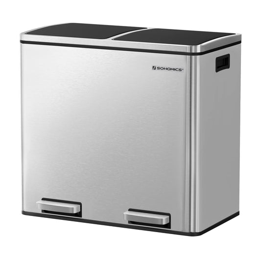 SONGMICS Trash Can, Waste Bin, Recycling System with 2 Compartments, Step Trash Can for Kitchen, 2 x 24L, Softclose, Plastic Inner Buckets, with Foot Pedals and Handles, Silver LTB48NL