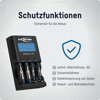 ANSMANN Battery Charger Powerline 4.2 Pro - Charger for AA and AAA batteries, LCD display, individual charging slots, safety protection.