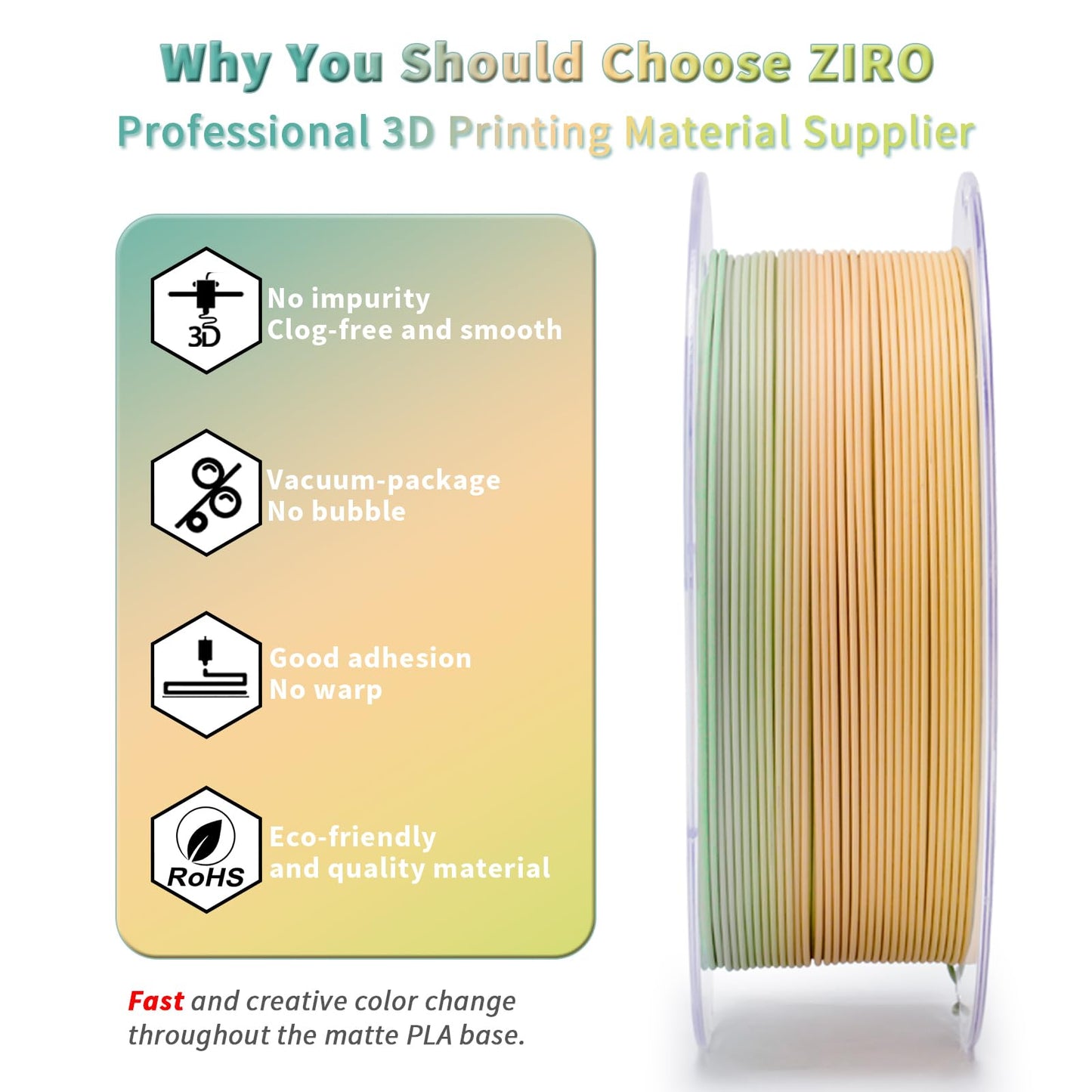 ZIRO Matt Multicolor PLA Filament 1.75mm, Fast Color Changing Matte 3D Printer Filament, 1kg Spool for Most FDM 3D Printers, Dimensional Accuracy +/-0.03mm, Cool Dawn.