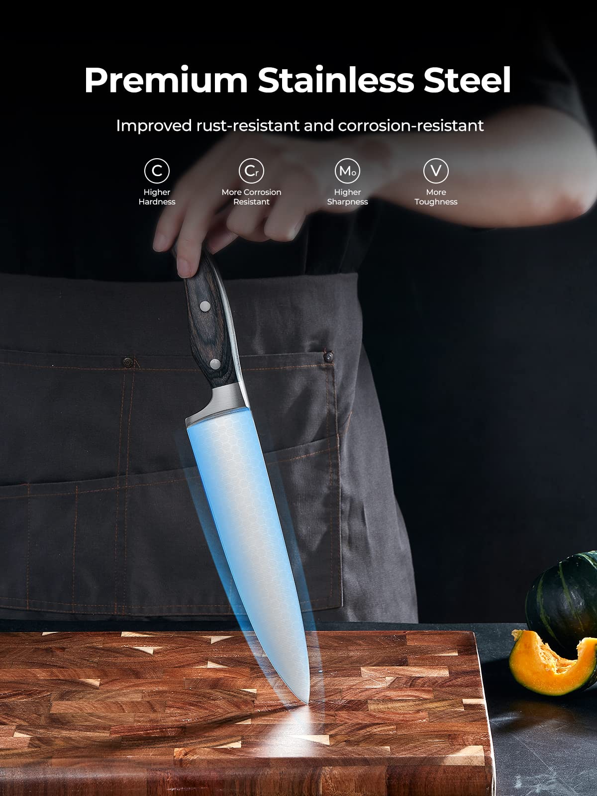 AMEGAT 15-piece knife block set with self-sharpening knife block and carving fork, wooden handle in full tang design and 3-rivet design. High-quality stainless steel chef's knife set with wooden block.
