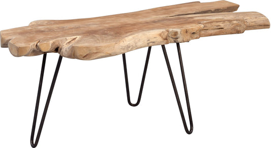 M2 Collection Tallus Coffee Table - Solid teak wood, 100 x 40 x 40 cm I Natural finish I Black metal legs I Unique piece, Brown.