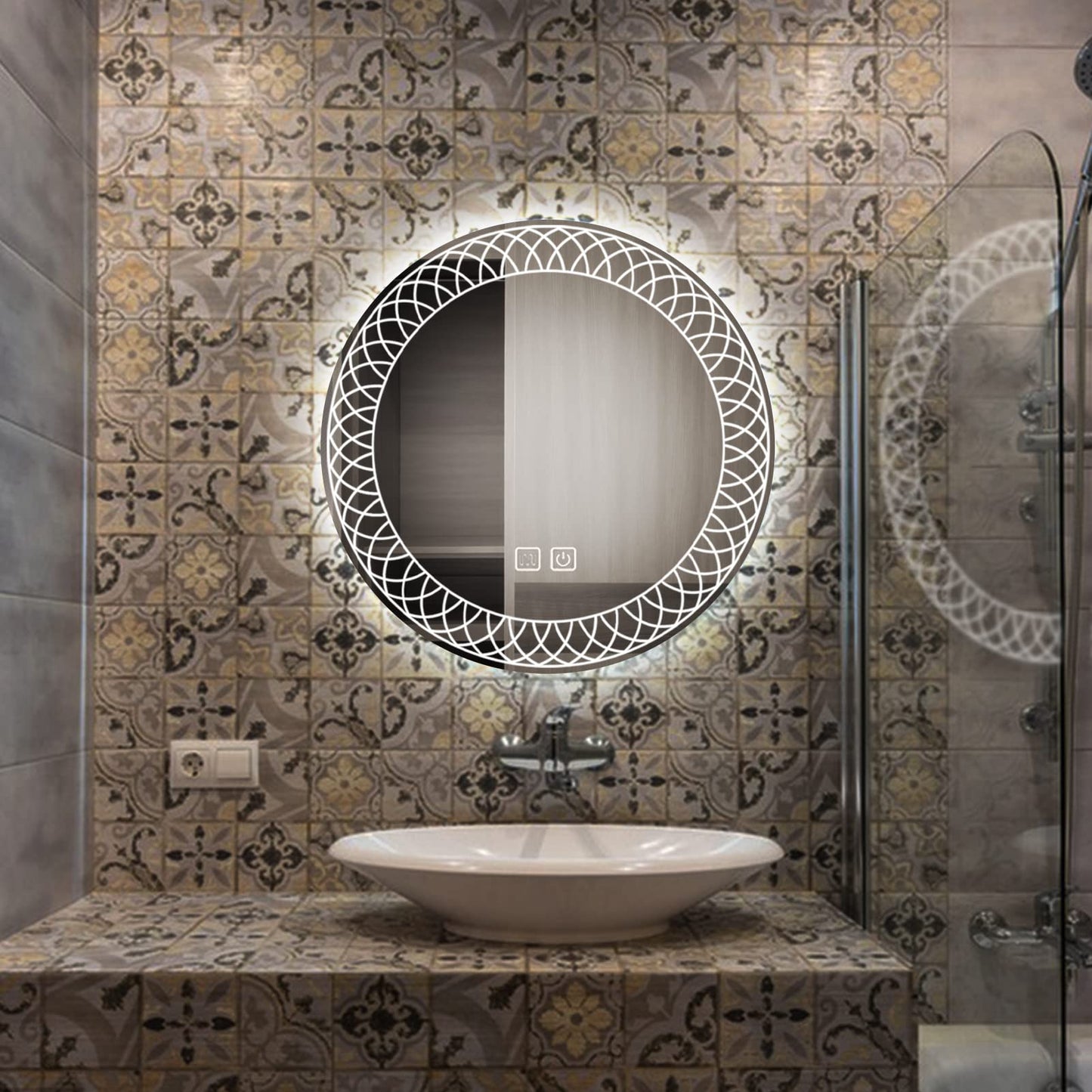 YOSHOOT Bathroom Mirror with Lighting, 60cm Round Wall Mirror LED Lighting, Anti-fog Large Makeup Mirror, Touch Button Dimmable 3 Colors LED Light 6400K IP44 (Kaleidoscope)