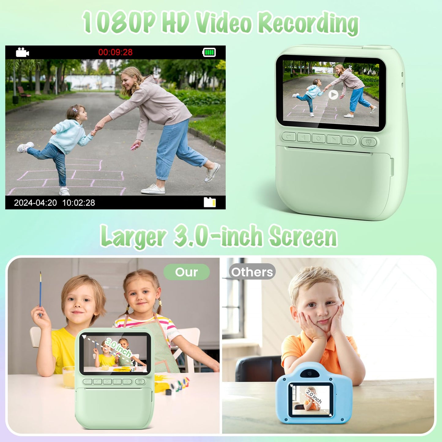Gofunly instant camera for kids, 3.0 inch screen children's camera with 32GB card & printing paper, 14MP/1080P kids instant print camera, gift for 3-12 years old (Green)