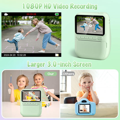 Gofunly instant camera for kids, 3.0 inch screen children's camera with 32GB card & printing paper, 14MP/1080P kids instant print camera, gift for 3-12 years old (Green)