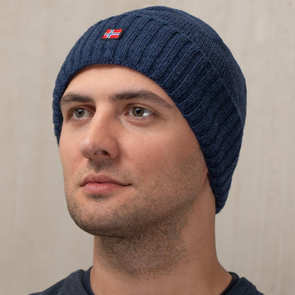 ACE Norway winter hat made from sheep wool - warm knit hat for women & men - soft woolen hat for adults - dark blue