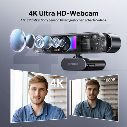 DEPSTECH DW50 Pro Webcam 4K, Ultra HD with Microphone, 3X Zoom, 1/2.55 Sony Sensor, Dual Mics with Noise Reduction, Remote Control, Autofocus Streaming Camera for PC Laptop Mac, Teams