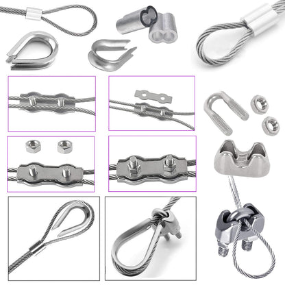 Leaum 30 piece turnbuckle M4 wire tensioner set, with stainless steel turnbuckle M4, 3mm stainless steel wire rope clamp, 3mm wire rope thimble, and 3mm aluminum ferrule for tightening tensioned rope.