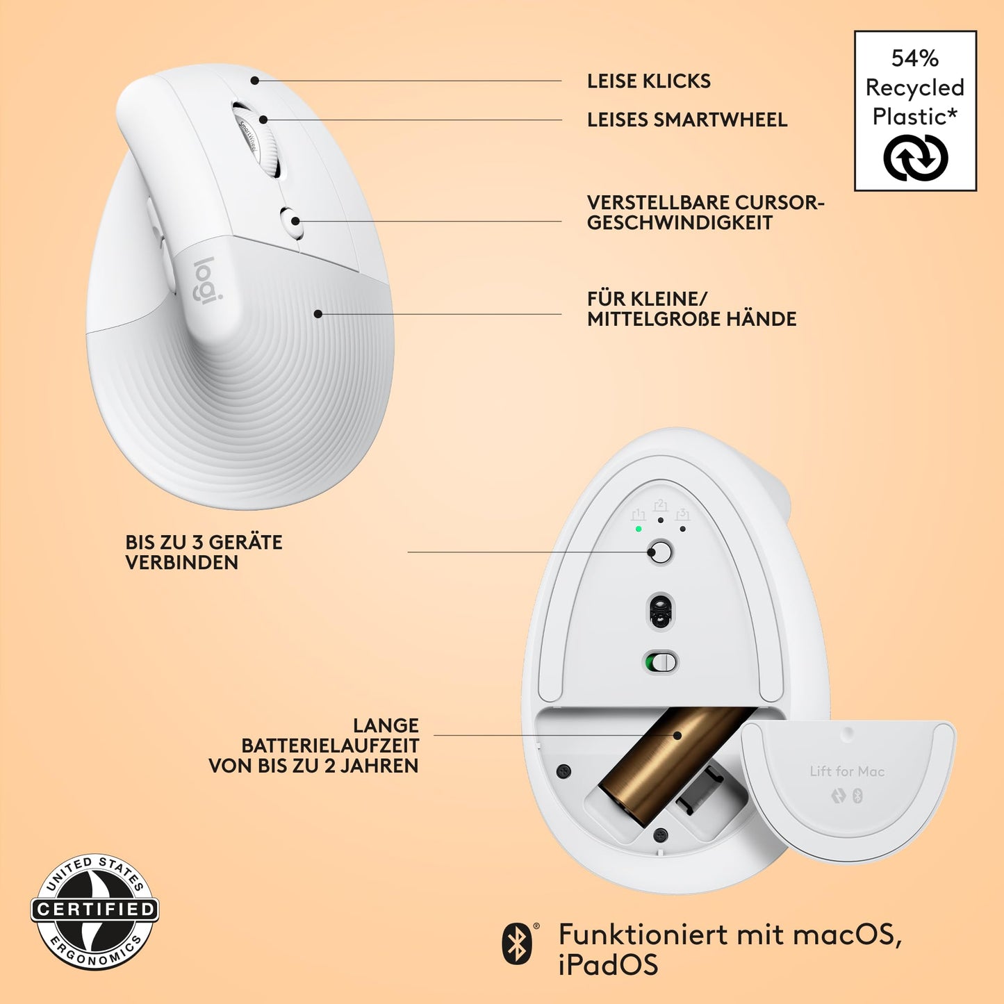 Logitech MX Vertical for Mac, Wireless Ergonomic Mouse, Bluetooth, Quiet Clicks, Silent Smartwheel, 4 Customizable Buttons, Compatible with macOS/iPadOS/MacBook/iMac/iPad - White