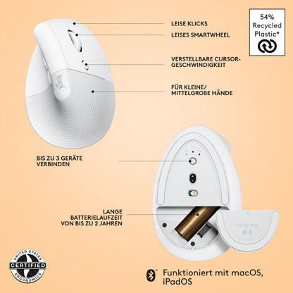 Logitech MX Vertical for Mac, Wireless Ergonomic Mouse, Bluetooth, Quiet Clicks, Silent Smartwheel, 4 Customizable Buttons, Compatible with macOS/iPadOS/MacBook/iMac/iPad - White