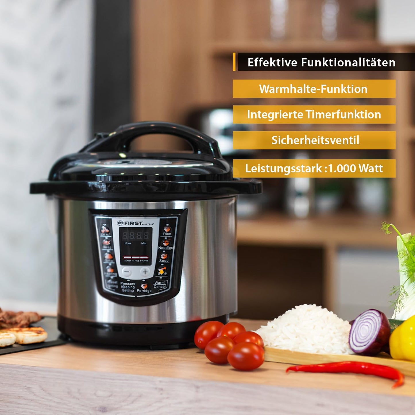 TZS First Austria - Electric Pressure Cooker 6L with 9 auto programs - Multicooker 1000W Multicooker as Rice Cooker, Steamer, Crock Pot etc. - Electric Multivarka Pressure Cooker including recipe book.