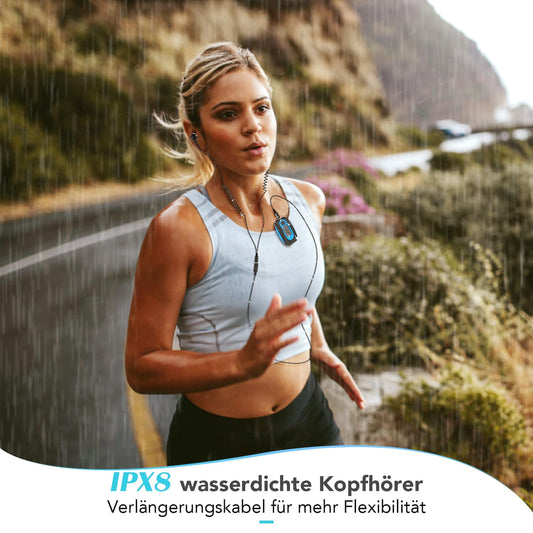 AGPTEK IPX8 Waterproof MP3 Player, 8GB HiFi MP3 Music Player for Swimming and Running, with waterproof headphones, audio cable, and 3 pairs of ear tips (L/M/S), supports FM, shuffle function, Blue.