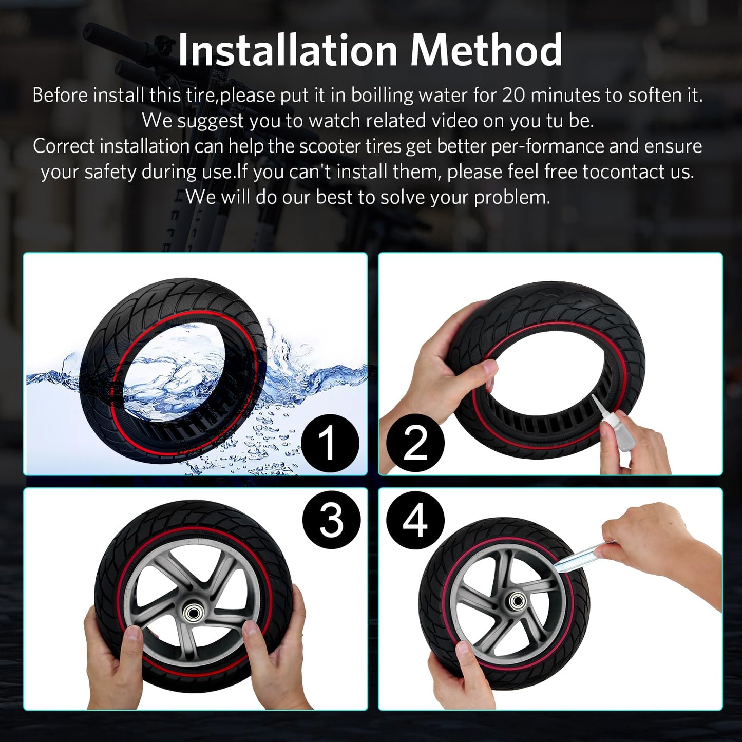 OUXI 10x2.125 Inch Electric Scooter Tire - Solid Rubber Tire with Mounting Tool, Highly Elastic