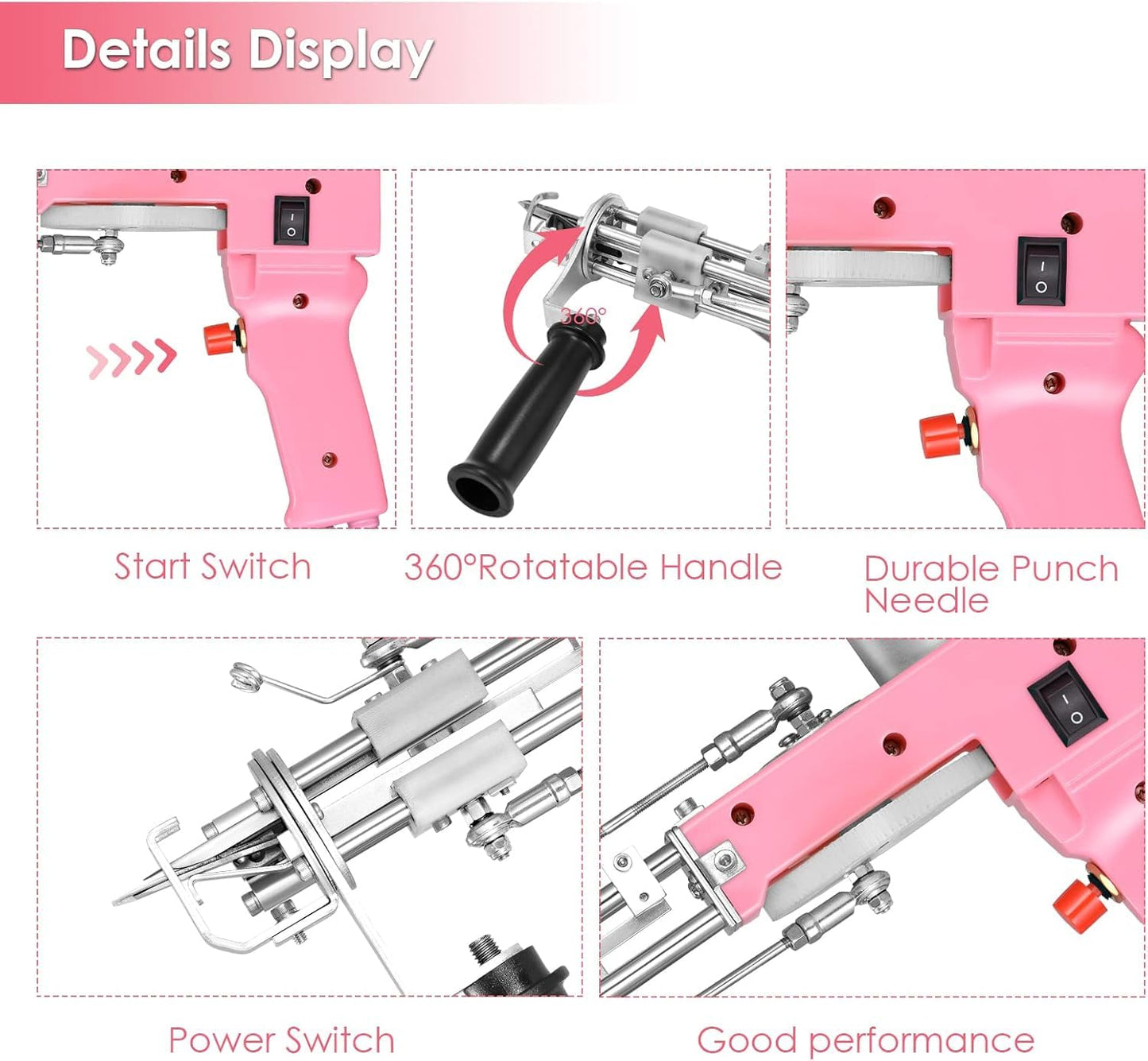 Aomdom Tufting Gun 2 in 1 Electric Tufting Gun with 5-40 steps/s speed and 7-21mm adjustable pile height. Ideal for crafting carpets or clothing in pink color.