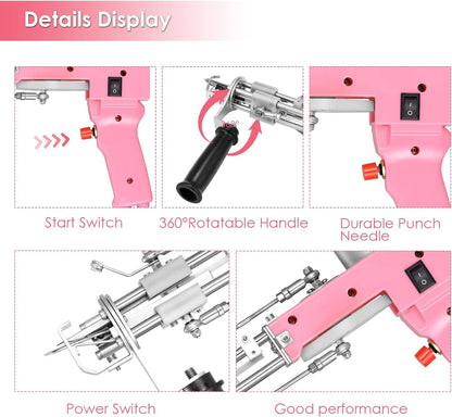 Aomdom Tufting Gun 2 in 1 Electric Tufting Gun with 5-40 steps/s speed and 7-21mm adjustable pile height. Ideal for crafting carpets or clothing in pink color.