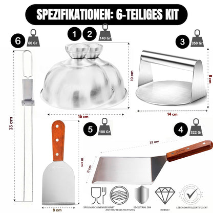 PUKPU Smash Burger Set - 6-piece BBQ & grill accessories with burger press, burger smasher, 2 melt domes, grill spatula & skewer - gift for men & grill fans (Brown, 6)