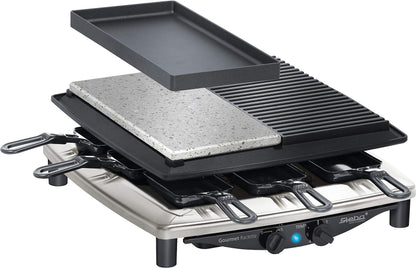Steba Premium Raclette RC 4 Plus Deluxe Chrome | Made IN Germany | Non-stick die-cast grill plate | Natural stone grill plate, cut and scratch resistant | Includes reversible cast pan with smooth surface.
