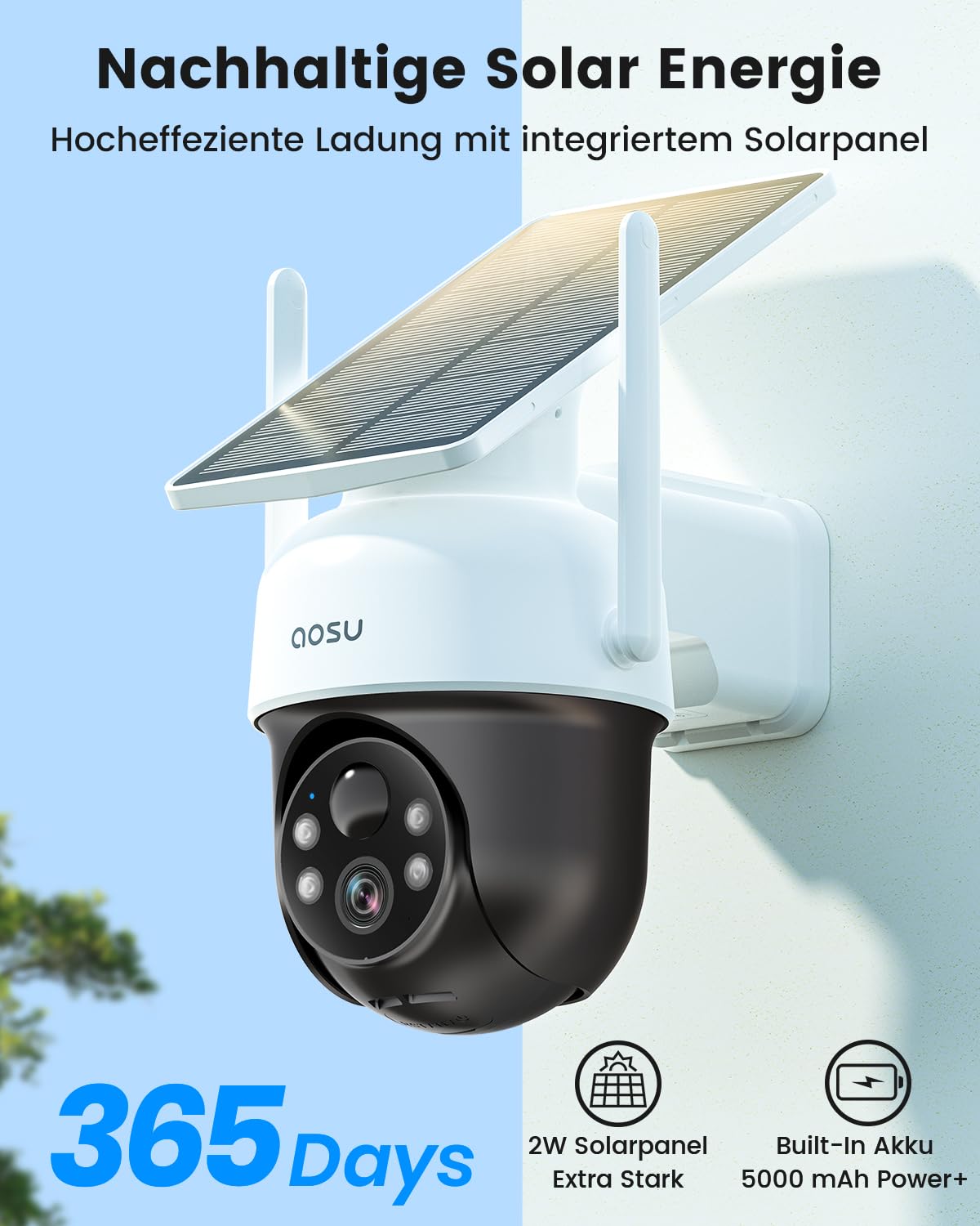 AOSU 2K Outdoor Surveillance Camera with Solar Battery 3MP [360° PTZ Panorama, Integrated Solar Panel] Wireless PIR Motion Detection Automatic Tracking Color Night Vision Sound & Light Alarm 2-Way Audio