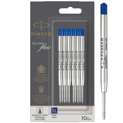 Parker ballpoint pen refills with medium point and blue QUINKflow ink, 10 count.