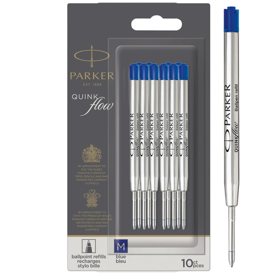 Parker ballpoint pen refills with medium point and blue QUINKflow ink, 10 count.