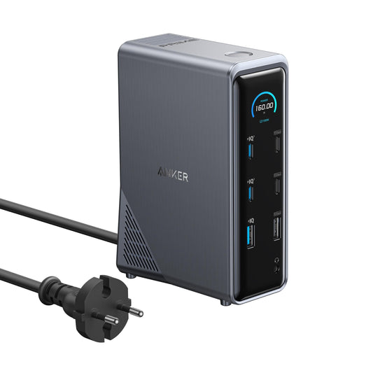 Anchor Prime docking station, 14-port with 160W max power, 10Gbit/s fast data transfer, real-time smart interface, audio and Ethernet ports, dual 4K displays for Dell, MacBook, and more.