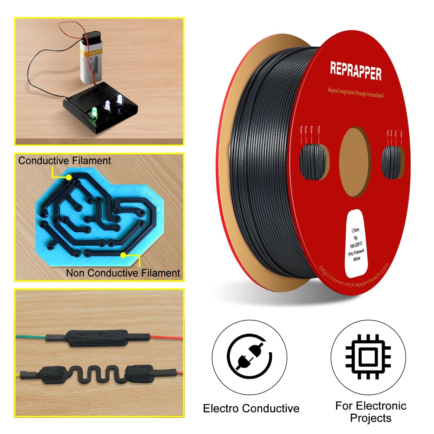 RepRapper Electrically Conductive PLA 3D Printer Filament 1.75mm 1kg Spool. +/- 0.03mm accuracy. Compatible with most FDM printers. Black PLA filament.