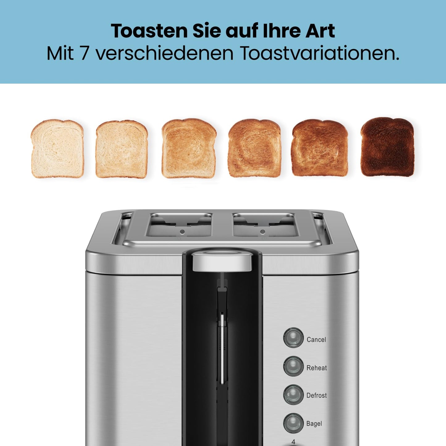 Chefman Stainless Steel 2-Slice Toaster with 7 browning settings, extra-wide slots for bagels, functions for defrosting/warming/stop, removable crumb tray, 925W, 240V, Silver.