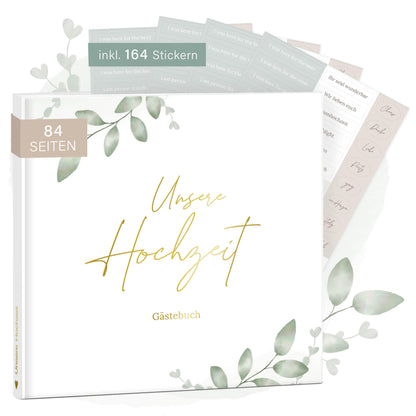 mintkind® Guestbook Wedding for Writing Greenery incl. 4 sticker sheets | 84 pages for creative design | Wedding gifts for the bridal couple as wedding decor | Golden Wedding Silver Wedding