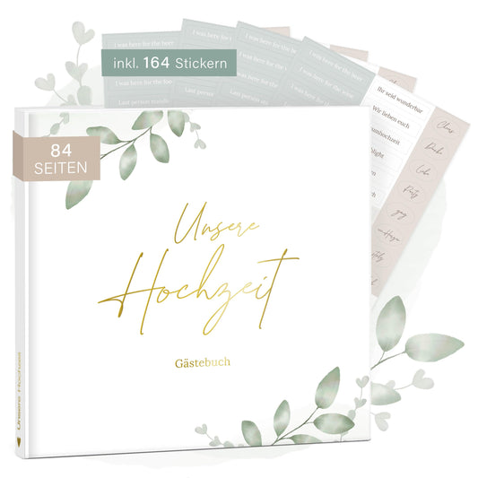 mintkind® Guestbook Wedding for Writing Greenery incl. 4 sticker sheets | 84 pages for creative design | Wedding gifts for the bridal couple as wedding decor | Golden Wedding Silver Wedding