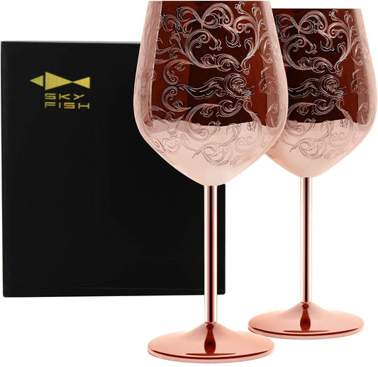 SKY FISH Stainless Steel Wine Glasses, Etched with Intricate and Authentic Baroque Engravings, Copper-Plated Wine Goblets in Royal Style, Anniversary Gift, Set of 2, Hand Wash Only, (480ml)