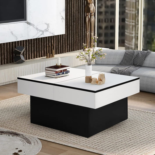 VOWNER coffee table, coffee table with 2 storage compartments, living room table, high gloss, extendable desk, modern table, 114 x 58 x 40 cm (White)