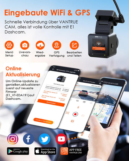 VANTRUE E1 2.7K Dashcam Mini Car WiFi GPS, 2.5K 1440P/60FPS Dash Cam Remote Voice Control, 24Hr Parking Mode, HDR Super Night Vision, 1.54 Inch 160° Hidden Car Camera, max. 512GB