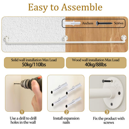 Yawinhe industrial pipe clothing racks, 180cm wall-mounted clothes hangers, space-saving wall shelf kitchen rack with 3 bases, for business, cream color, 2-pack, YMG004W-2.