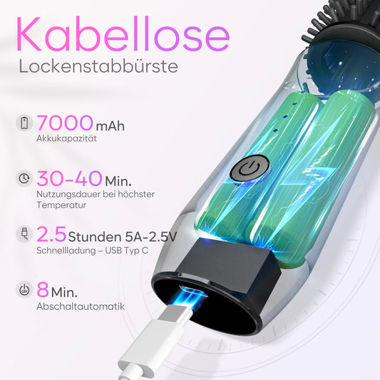 Wireless curling iron brush, 2024 NEW Portable travel curling iron mini brush for women, 7000 mAh USB rechargeable curling iron brush with negative ions, black.